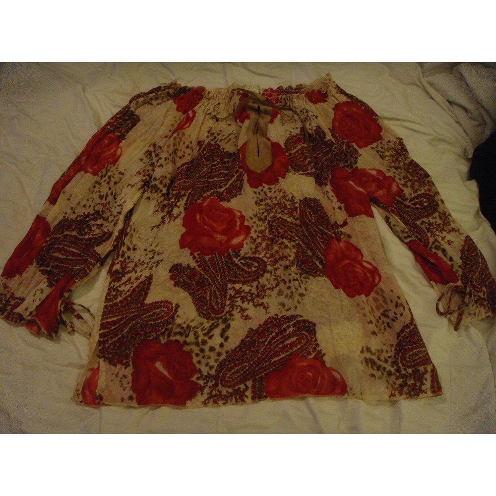 Caviar womens M rose design shear‎ elastic off the shoulder tie front top shirt